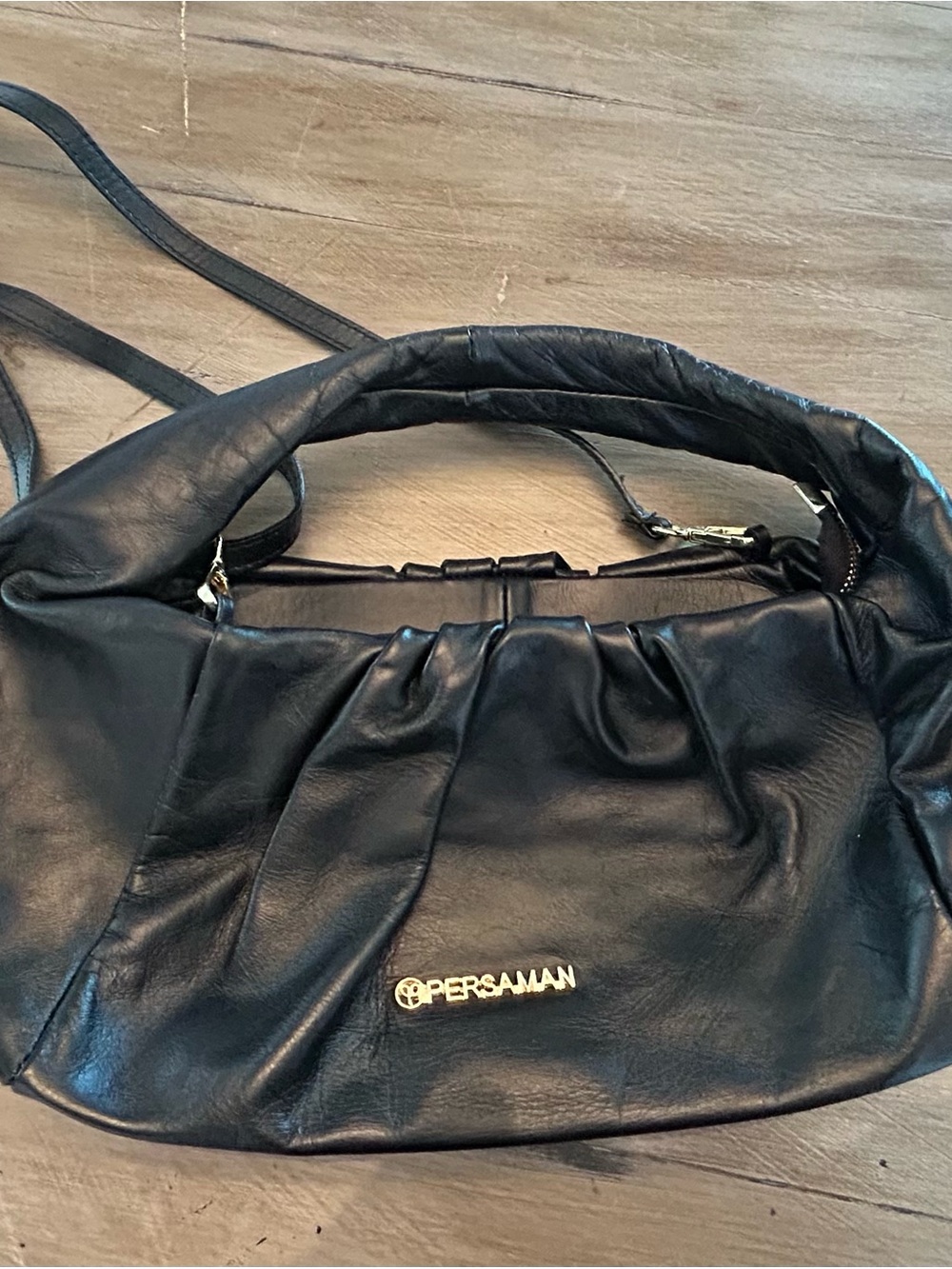 Persaman New York Black Leather Shoulder Bag with Gold Logo